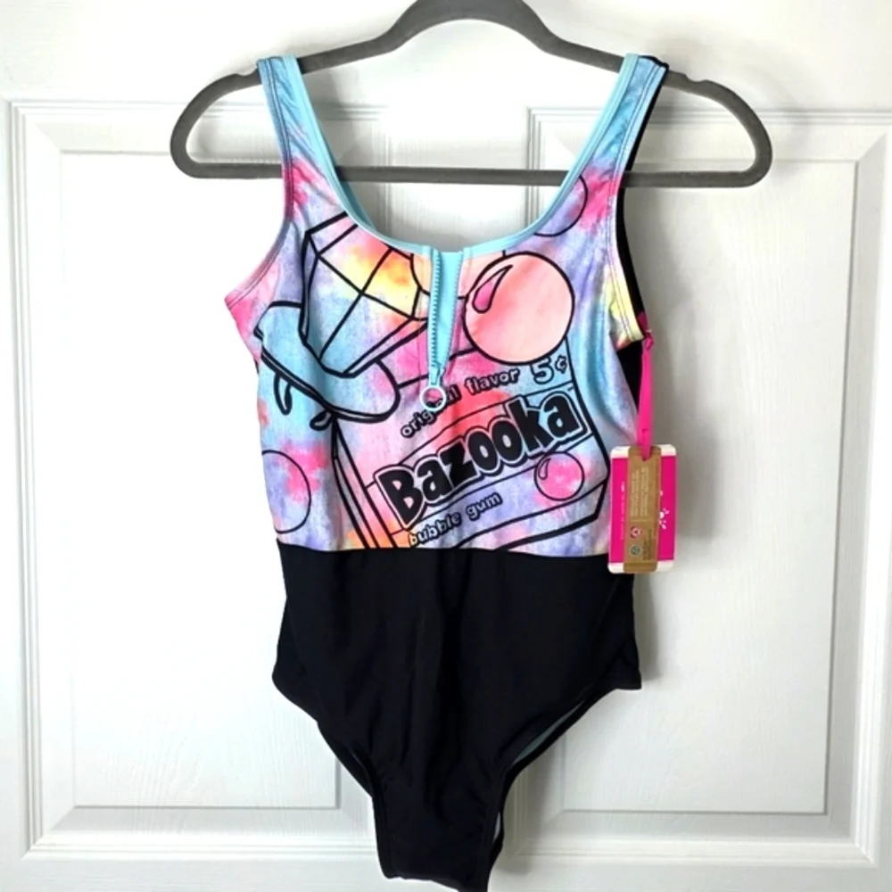 Justice Bazooka Logo Girls One-Piece Zip Front Junior Swimsuit. NEW